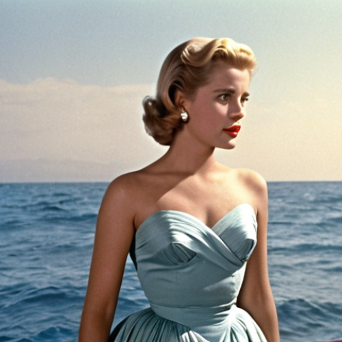 Home 16 **Grace Kelly's Film Debut**: Create an image of a glamorous 1950s Hollywood scene featuring a young Grace Kelly in a stunning dress, capturing the essence of her breakthrough performance in "Force of Ocean." Emphasize her beauty and the allure of classic cinema.