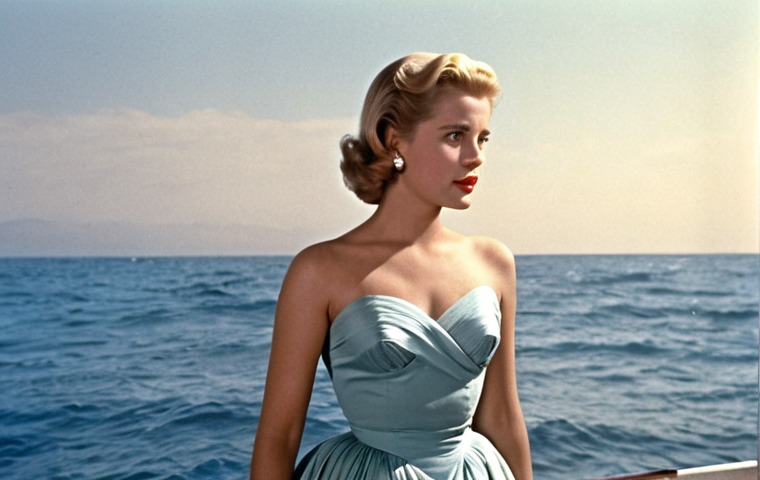 **Grace Kelly's Film Debut**: Create an image of a glamorous 1950s Hollywood scene featuring a young Grace Kelly in a stunning dress, capturing the essence of her breakthrough performance in "Force of Ocean." Emphasize her beauty and the allure of classic cinema.