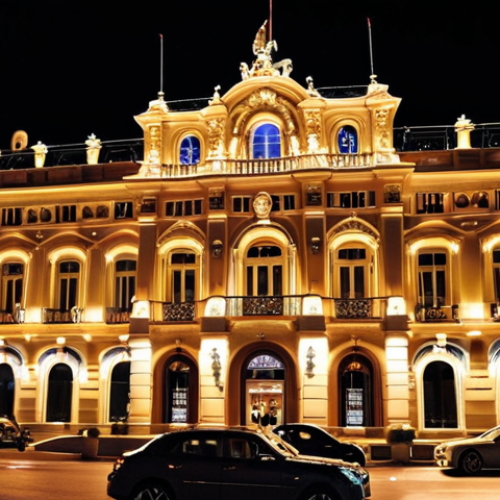 Home 15 **A vibrant nighttime scene of the Casino de Monte Carlo in Monaco. Capture the grandeur and opulence of the casino with bright lights, luxurious cars parked outside, and well-dressed people entering. Emphasize the feeling of excitement and high stakes. Include elements like chandeliers, ornate details, and a hint of mystery.**