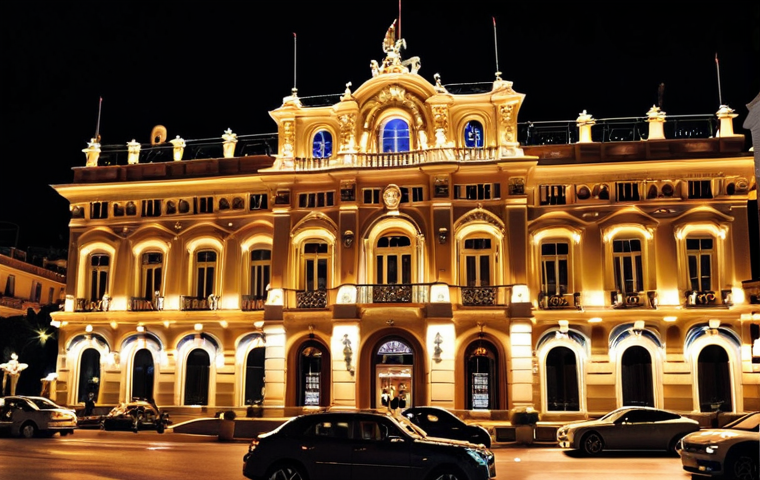 **A vibrant nighttime scene of the Casino de Monte Carlo in Monaco. Capture the grandeur and opulence of the casino with bright lights, luxurious cars parked outside, and well-dressed people entering. Emphasize the feeling of excitement and high stakes. Include elements like chandeliers, ornate details, and a hint of mystery.**