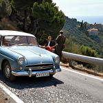 **Grace Kelly's Car Accident:** A dramatic and mysterious recreation of Princess Grace Kelly's car crash on a winding road near Èze, France. Focus on the damaged car and the surrounding landscape, capturing a sense of tragedy and unanswered questions.