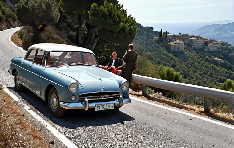 **Grace Kelly's Car Accident:** A dramatic and mysterious recreation of Princess Grace Kelly's car crash on a winding road near Èze, France. Focus on the damaged car and the surrounding landscape, capturing a sense of tragedy and unanswered questions.